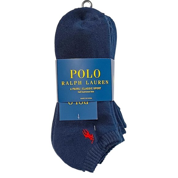 Polo Ralph Lauren Mens Classic Sport 6-Pair Cushion No Show Socks Navy Blue Red - Picture 5 of 5
